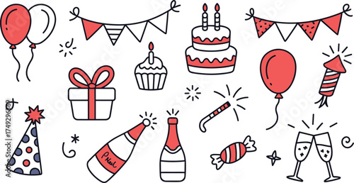 Celebration and party elements collection balloons cake gift sparklers and festive decorations