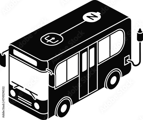 Modern electric bus icon with charging cable and route symbol on white background
