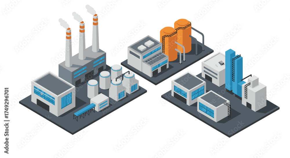 Obraz premium Isometric industrial plants with chimneys and storage tanks in modern design