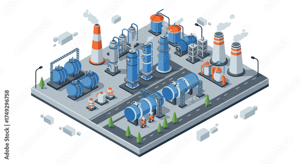 Obraz premium Isometric industrial landscape with factories and smokestacks