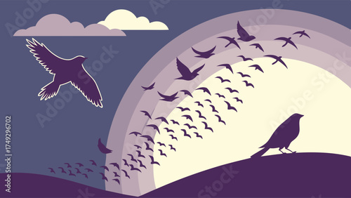 Flock of Birds Migrating Towards Sunrise Rainbow Sky Symbolizing Hope New Beginnings and Journey for Business Growth and Teamwork