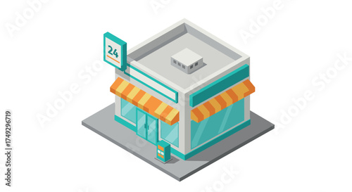Isometric convenience store building with orange awning and green accents