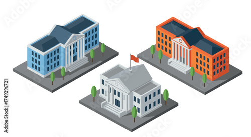 Isometric buildings set: blue, orange, and gray structures with flags and trees