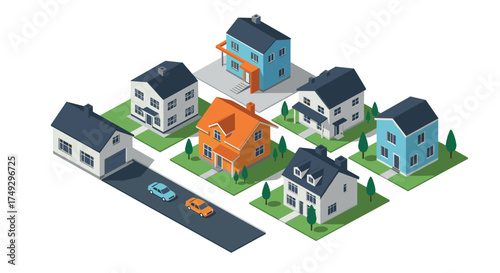 Isometric suburban neighborhood with colorful houses and greenery