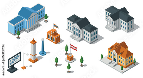 Isometric government buildings and monuments collection with trees and flags