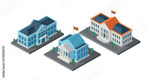 Isometric government buildings with flags and trees on gray platforms