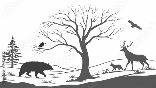 Winter Wildlife Scene: Majestic Deer, Bear, Fox, and Eagle in Snowy Landscape, Evoking Nature's Resilience and Serenity for Editorial, Nature, and Seasonal Campaigns