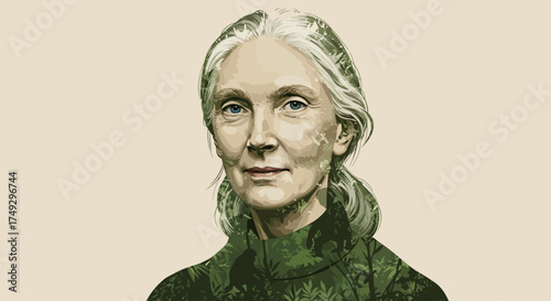 Jane Goodall's inspiring portrait with jungle foliage, a symbol of conservation and wildlife advocacy, perfect for environmental campaigns and educational resources