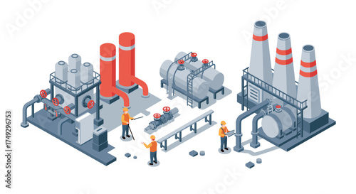 Isometric industrial plant with workers and machinery