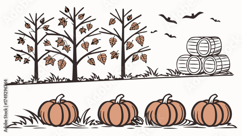 Autumn Harvest Celebration: Pumpkins, Barrels, and Bats for Festive Halloween Marketing, Fall Promotions, and Seasonal Website Design, Evoking Cozy Nostalgia and Spooky Fun