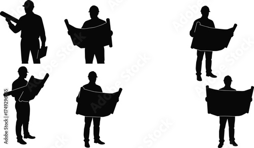 Construction worker silhouettes with hard hats holding blueprints, engineers planning building projects, architecture teamwork, industrial design, contractor vector illustration