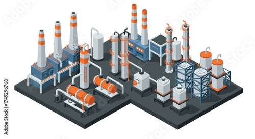Isometric industrial plant with smokestacks and machinery in modern design