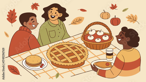 Happy Friends Sharing Autumn Harvest Feast, Cozy Thanksgiving Dinner Celebration, Warm Family Gathering, Delicious Pie and Pumpkin Food, Seasonal Joyful Meal