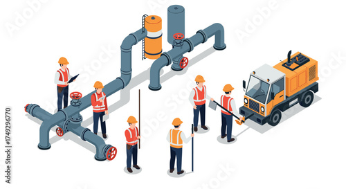 Construction team working on pipeline installation with heavy equipment in isometric style