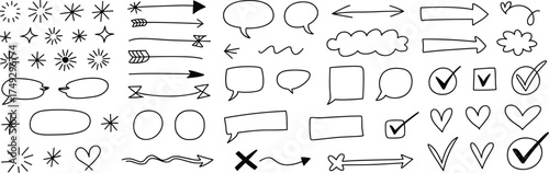 Hand drawn doodle elements collection arrows speech bubbles checkmarks crosses and shapes