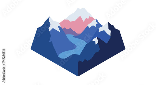 Minimalist isometric mountain landscape with river and snowy peaks