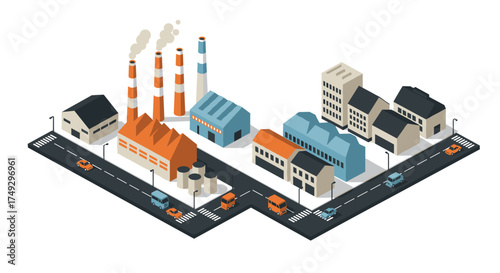 Isometric urban industrial scene with factories and residential buildings