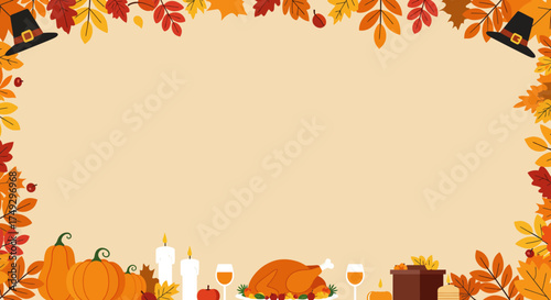 Celebrate Thanksgiving with this festive fall leaves background featuring pumpkins, turkey, and pilgrim hats for your holiday cards, invitations, and seasonal marketing