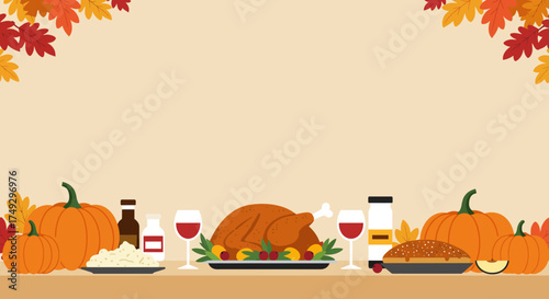 Celebrate the harvest season with this cozy Thanksgiving feast featuring pumpkins, a golden turkey, pie and wine to bring festive cheer to your creative projects