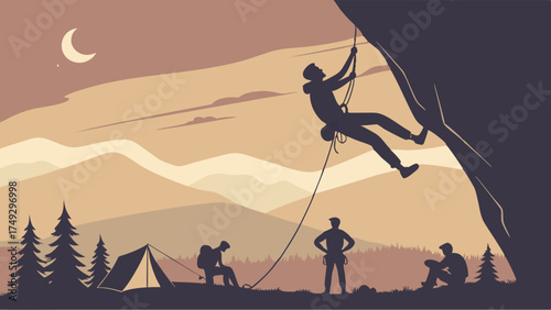 Adventurous Climber Reaching Summit at Sunset, Inspiring Outdoor Adventure, Extreme Sports Challenge, Motivation for Success, Teamwork, and Goal Achievement for Travel Blogs and Outdoor