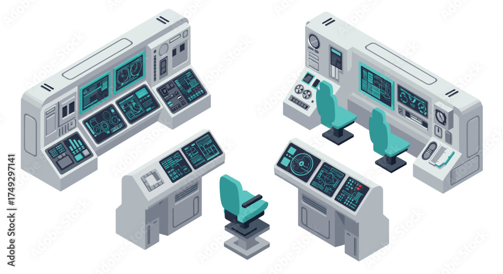 Naklejka premium Isometric spacecraft command center interior with control panels and chairs
