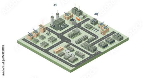Isometric military base with roads and aircrafts: detailed 3d urban layout