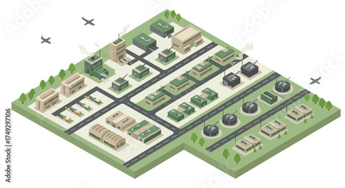 Isometric military base with buildings, roads, and planes in a green landscape