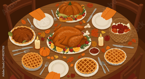 Celebrate Thanksgiving with a festive table spread featuring a golden turkey, pumpkin pie, and delicious autumnal treats perfect for holiday promotions and family gathering themes