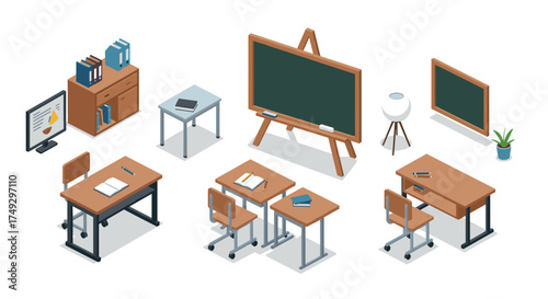 Isometric school classroom furniture set with desks, chalkboard, and decor