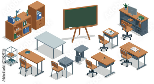 Isometric school classroom furniture set with desks and chalkboard