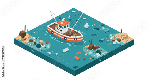 Isometric fishing boat in a calm sea with rocks and debris