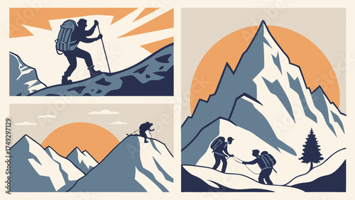 Retro Mountaineering Adventure Illustration Set Hiker Climbing Snowy Peak Teamwork Challenge Outdoors Travel Poster Design
