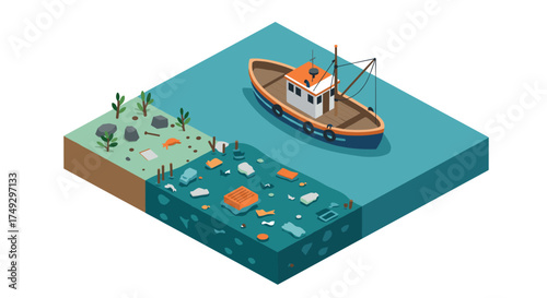 Isometric environmental contrast: clean versus polluted ocean with fishing boat