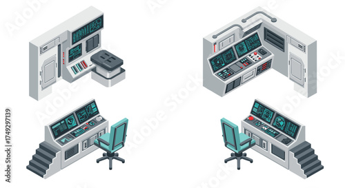 Isometric control panels with futuristic interfaces in a sci-fi setting