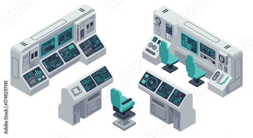 Isometric spacecraft command center interior with control panels and chairs
