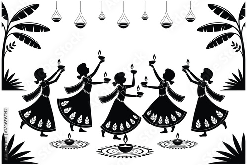 Five women in saris holding diyas with banana trees and hanging lanterns in a festive scene silhouettes