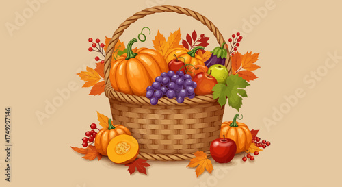 Harvest bounty overflows from a woven basket, pumpkins, apples, grapes, and autumn leaves create a warm, inviting fall scene perfect for Thanksgiving promotions