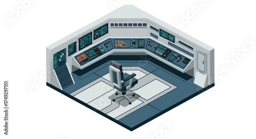 Isometric futuristic control room with high-tech panels and screens