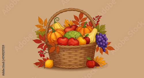 Celebrate autumn's bounty with this charming basket brimming with pumpkins, apples, grapes, and colorful leaves, perfect for Thanksgiving and harvest festivals