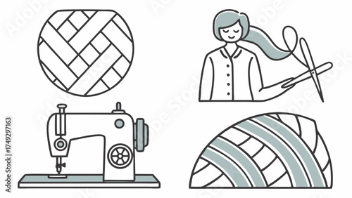 Handmade Crafting and Sewing Icons Woman Tailoring Needlework Machine and Woven Fabric Pattern Illustration