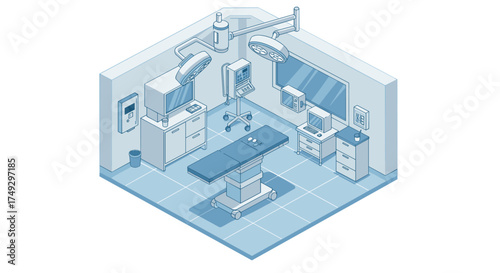 Isometric hospital operating room with modern equipment in blue tones