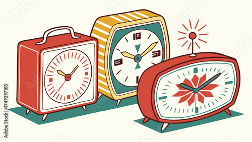 Retro Alarm Clocks Set Mid Century Modern Illustration for Time Management Scheduling and Nostalgia Marketing