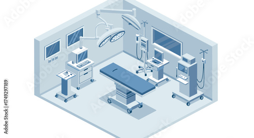 Modern isometric operating room with medical equipment in blue tones