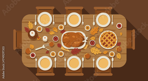 Festive Thanksgiving dinner table setting with roasted turkey, pumpkin pie, autumn leaves, and place settings in warm fall colors for a cozy and inviting holiday meal