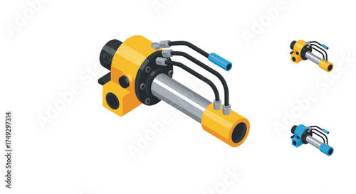 Isometric hydraulic cylinder set with color variations on white background