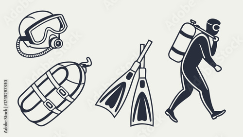 Scuba Diving Gear Icon Set Monochrome Illustration Diver Fins Mask Tank Wetsuit Water Sports Adventure Tourism Web Design Elements