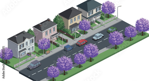 Charming suburban street scene with colorful trees in isometric design