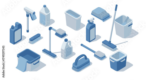 Isometric cleaning tools set: brushes, mops, detergent bottles, buckets on white background