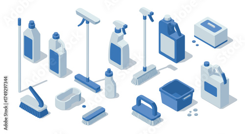 Isometric cleaning supplies set with brushes, brooms, and detergents