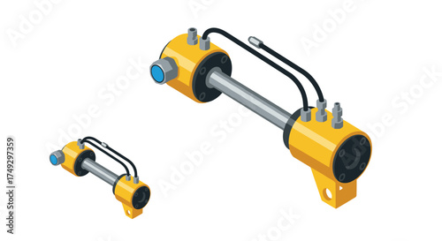 Isometric hydraulic cylinder illustration with yellow components and black hoses